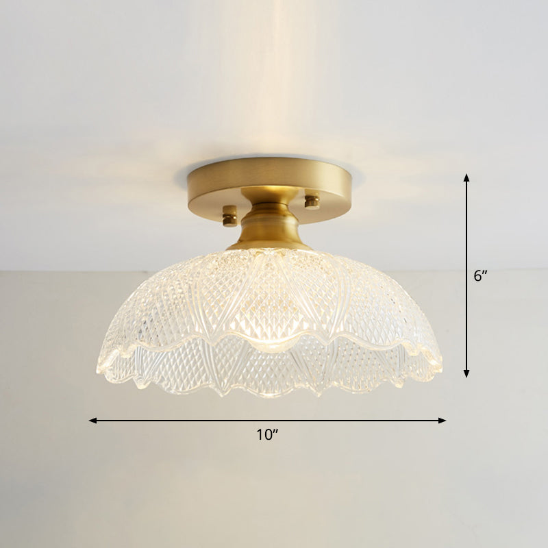 Industrial Small Ceiling Light Fixture 1-Light Textured Glass Semi Flush Mount in Brass for Aisle Clearhalo 'Ceiling Lights' 'Close To Ceiling Lights' 'Close to ceiling' 'Semi-flushmount' Lighting' 2466332