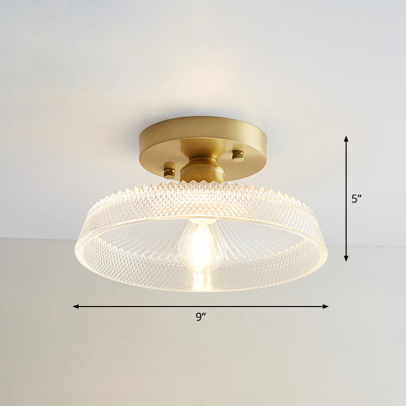 Industrial Small Ceiling Light Fixture 1-Light Textured Glass Semi Flush Mount in Brass for Aisle Clearhalo 'Ceiling Lights' 'Close To Ceiling Lights' 'Close to ceiling' 'Semi-flushmount' Lighting' 2466336