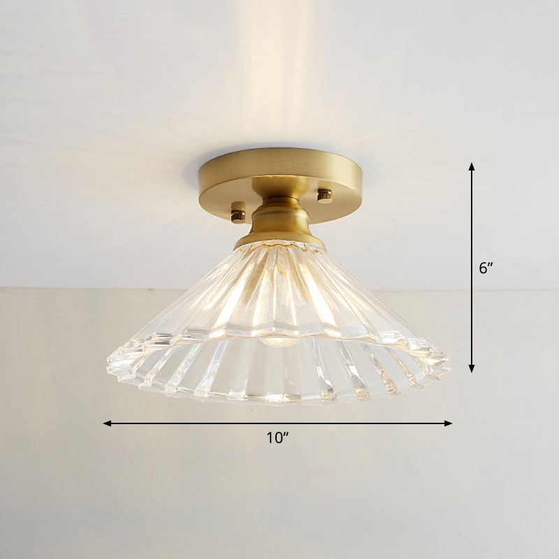 Industrial Small Ceiling Light Fixture 1-Light Textured Glass Semi Flush Mount in Brass for Aisle Clearhalo 'Ceiling Lights' 'Close To Ceiling Lights' 'Close to ceiling' 'Semi-flushmount' Lighting' 2466337