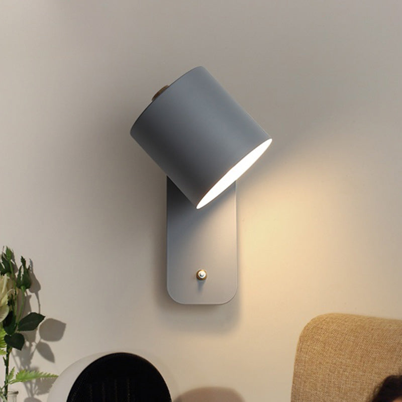 Swivelable Cylinder Reading Lamp Nordic Metal Single-Bulb Wall Light with Power Button Grey Clearhalo 'Wall Lamps & Sconces' 'Wall Lights' Lighting' 2466418