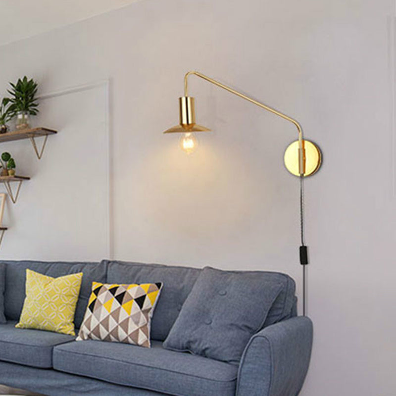 Metal Swing Arm Sconce Lamp Industrial Style Single Living Room Reading Light with Saucer Lampshade Clearhalo 'Art deco wall lights' 'Cast Iron' 'Glass' 'Industrial wall lights' 'Industrial' 'Middle century wall lights' 'Modern' 'Rustic wall lights' 'Tiffany' 'Traditional wall lights' 'Wall Lamps & Sconces' 'Wall Lights' Lighting' 2466440