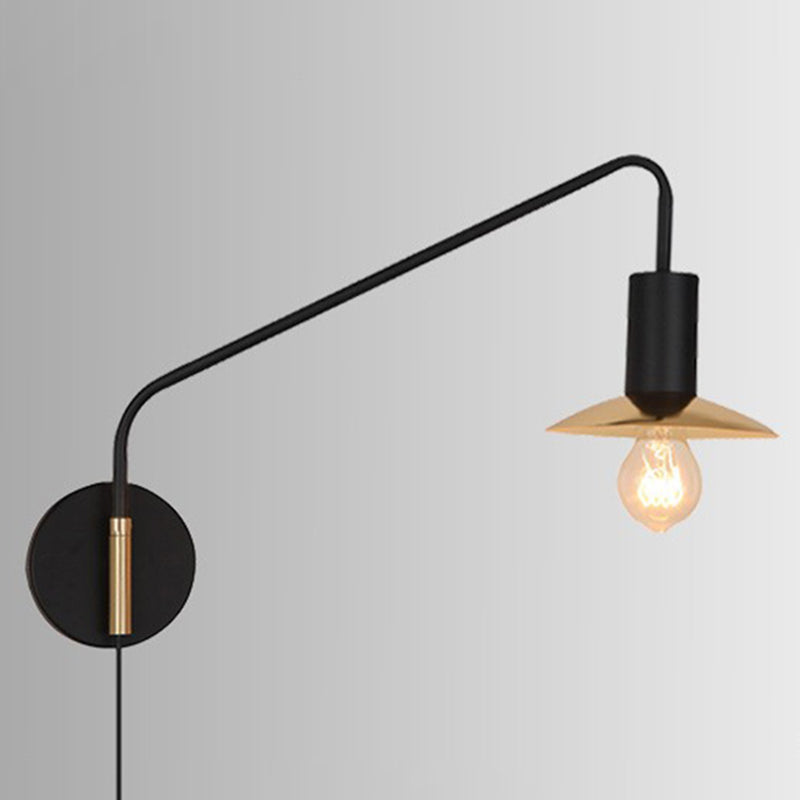 Metal Swing Arm Sconce Lamp Industrial Style Single Living Room Reading Light with Saucer Lampshade Yellow-Black Plug In Clearhalo 'Art deco wall lights' 'Cast Iron' 'Glass' 'Industrial wall lights' 'Industrial' 'Middle century wall lights' 'Modern' 'Rustic wall lights' 'Tiffany' 'Traditional wall lights' 'Wall Lamps & Sconces' 'Wall Lights' Lighting' 2466442