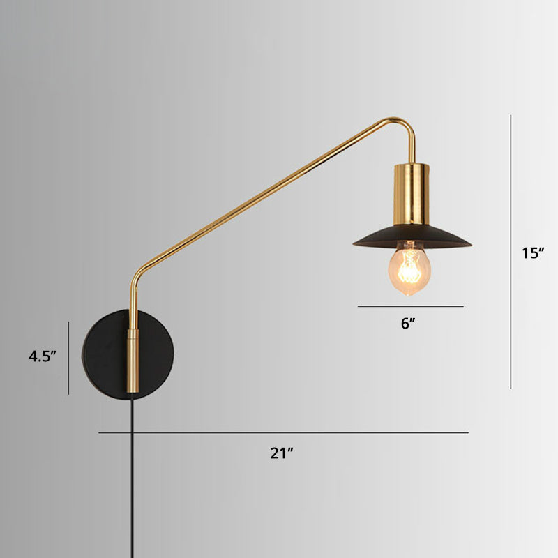 Metal Swing Arm Sconce Lamp Industrial Style Single Living Room Reading Light with Saucer Lampshade Clearhalo 'Art deco wall lights' 'Cast Iron' 'Glass' 'Industrial wall lights' 'Industrial' 'Middle century wall lights' 'Modern' 'Rustic wall lights' 'Tiffany' 'Traditional wall lights' 'Wall Lamps & Sconces' 'Wall Lights' Lighting' 2466456