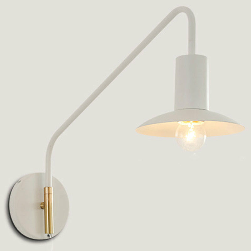 Metal Swing Arm Sconce Lamp Industrial Style Single Living Room Reading Light with Saucer Lampshade White Hardwired Clearhalo 'Art deco wall lights' 'Cast Iron' 'Glass' 'Industrial wall lights' 'Industrial' 'Middle century wall lights' 'Modern' 'Rustic wall lights' 'Tiffany' 'Traditional wall lights' 'Wall Lamps & Sconces' 'Wall Lights' Lighting' 2466459
