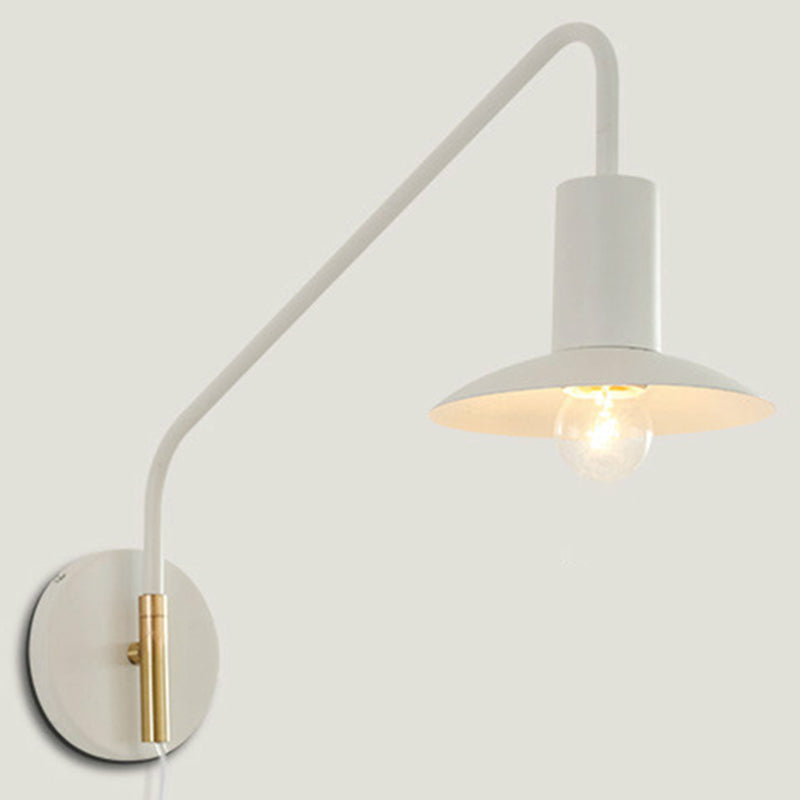 Metal Swing Arm Sconce Lamp Industrial Style Single Living Room Reading Light with Saucer Lampshade White Plug In Clearhalo 'Art deco wall lights' 'Cast Iron' 'Glass' 'Industrial wall lights' 'Industrial' 'Middle century wall lights' 'Modern' 'Rustic wall lights' 'Tiffany' 'Traditional wall lights' 'Wall Lamps & Sconces' 'Wall Lights' Lighting' 2466461