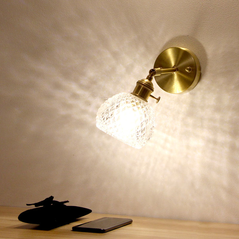 Half-Ball Bedroom Wall Reading Lamp Simple Lattice Glass 1-Light Gold Wall Mounted Light Clearhalo 'Art deco wall lights' 'Cast Iron' 'Glass' 'Industrial wall lights' 'Industrial' 'Middle century wall lights' 'Modern' 'Rustic wall lights' 'Tiffany' 'Traditional wall lights' 'Wall Lamps & Sconces' 'Wall Lights' Lighting' 2466496