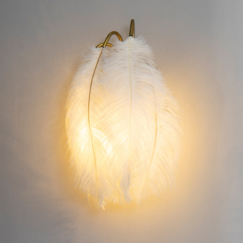2 Lights Modern Metal Wall Sconce Feather Shade Wall Lighting for Bedroom Blanco Hoja Clearhalo 'Apliques' 'Iluminación' 'Lámpara de Pared' 'Modern wall lights' 'Modern' Hogar' 2467119