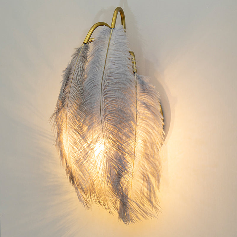 2 Lights Modern Metal Wall Sconce Feather Shade Wall Lighting for Bedroom Gris Hoja Clearhalo 'Apliques' 'Iluminación' 'Lámpara de Pared' 'Modern wall lights' 'Modern' Hogar' 2467121