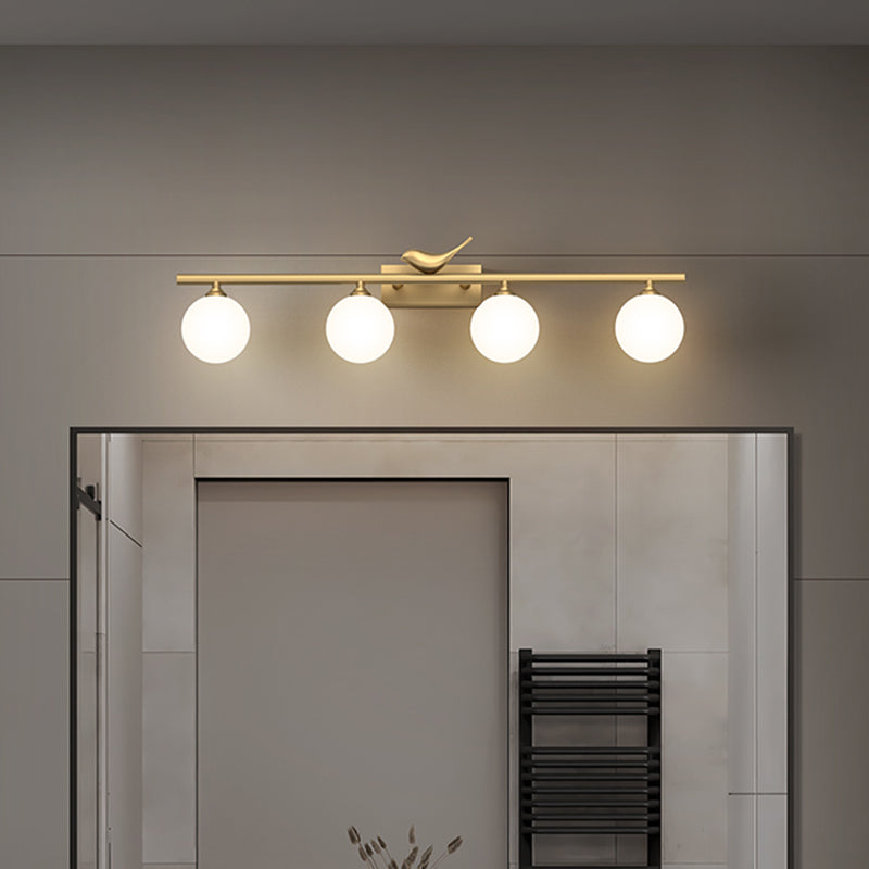 Ball Bathroom Vanity Sconce Opal Glass Postmodern Wall Light with Bird Decor in Brass Clearhalo 'Cast Iron' 'Glass' 'Industrial' 'Modern wall lights' 'Modern' 'Tiffany' 'Traditional wall lights' 'Vanity Lights' 'Wall Lights' Lighting' 2467204
