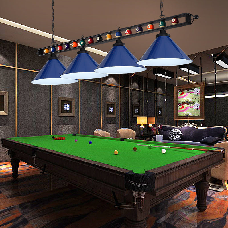 Conical Shade Billiard Lamp Industrial Style Metal Country Club Island Light with Rolled Edge 4 Blue Metal Frame Clearhalo 'Ceiling Lights' 'Island Lights' Lighting' 2467374