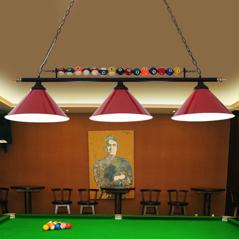 Conical Shade Billiard Lamp Industrial Style Metal Country Club Island Light with Rolled Edge 3 Red Straight Clearhalo 'Ceiling Lights' 'Island Lights' Lighting' 2467383