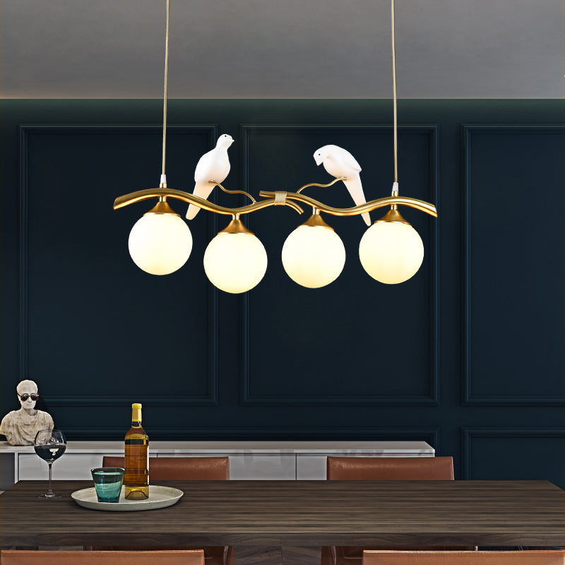 Glass Spherical Hanging Light Postmodern 4-Bulb Ceiling Pendant with Twig and Bird Deco Clearhalo 'Ceiling Lights' 'Island Lights' Lighting' 2467426