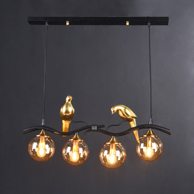 Glass Spherical Hanging Light Postmodern 4-Bulb Ceiling Pendant with Twig and Bird Deco Clearhalo 'Ceiling Lights' 'Island Lights' Lighting' 2467427