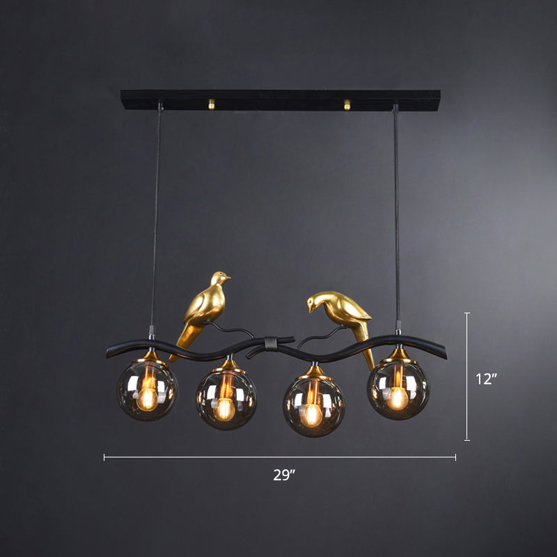 Glass Spherical Hanging Light Postmodern 4-Bulb Ceiling Pendant with Twig and Bird Deco Clearhalo 'Ceiling Lights' 'Island Lights' Lighting' 2467436