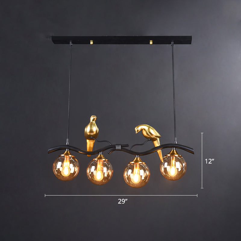 Glass Spherical Hanging Light Postmodern 4-Bulb Ceiling Pendant with Twig and Bird Deco Clearhalo 'Ceiling Lights' 'Island Lights' Lighting' 2467438