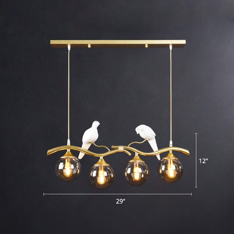 Glass Spherical Hanging Light Postmodern 4-Bulb Ceiling Pendant with Twig and Bird Deco Clearhalo 'Ceiling Lights' 'Island Lights' Lighting' 2467439