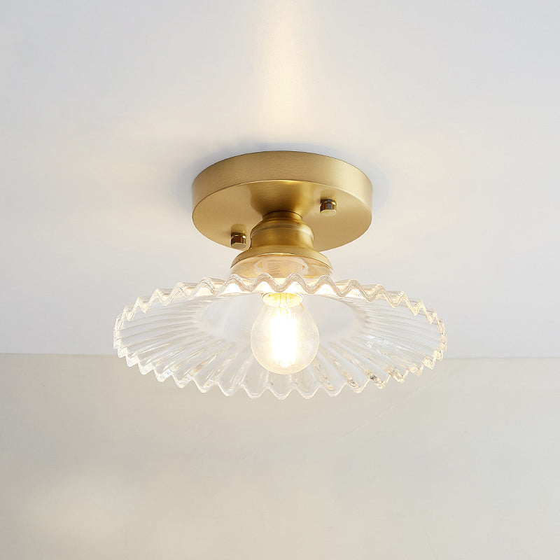 Small Glass Flush Ceiling Light Nautical 1 Bulb Corridor Semi Mount Lighting in Brass Brass Wavy Clearhalo 'Ceiling Lights' 'Close To Ceiling Lights' 'Close to ceiling' 'Semi-flushmount' Lighting' 2467446