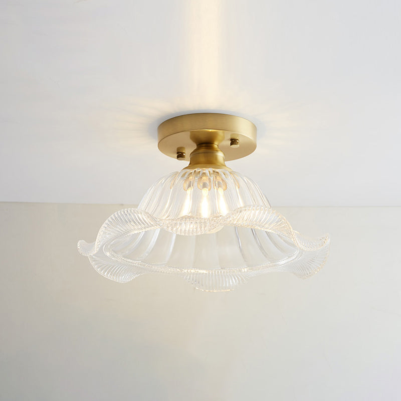 Small Glass Flush Ceiling Light Nautical 1 Bulb Corridor Semi Mount Lighting in Brass Brass Flower Clearhalo 'Ceiling Lights' 'Close To Ceiling Lights' 'Close to ceiling' 'Semi-flushmount' Lighting' 2467451