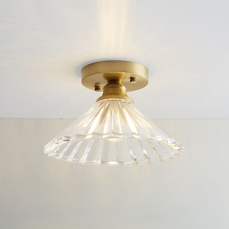 Small Glass Flush Ceiling Light Nautical 1 Bulb Corridor Semi Mount Lighting in Brass Brass Cone Clearhalo 'Ceiling Lights' 'Close To Ceiling Lights' 'Close to ceiling' 'Semi-flushmount' Lighting' 2467457