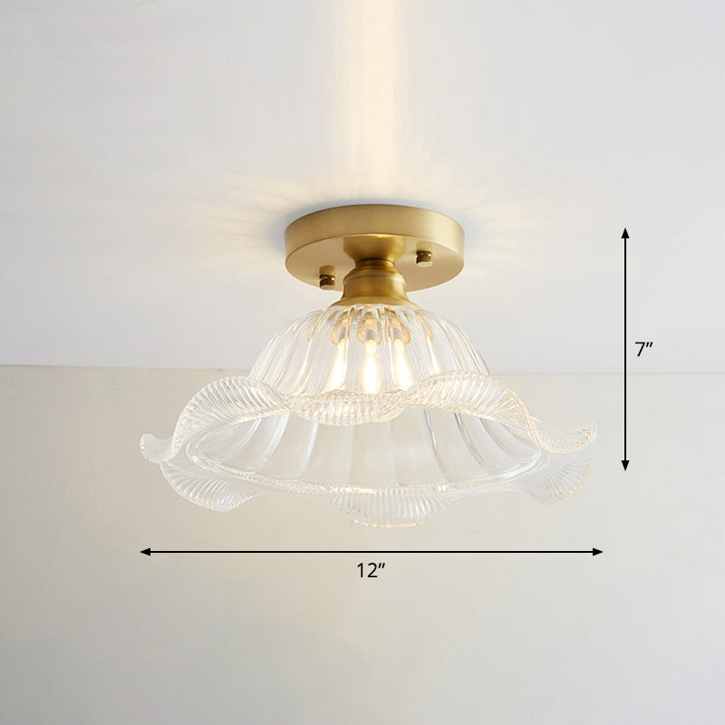 Small Glass Flush Ceiling Light Nautical 1 Bulb Corridor Semi Mount Lighting in Brass Clearhalo 'Ceiling Lights' 'Close To Ceiling Lights' 'Close to ceiling' 'Semi-flushmount' Lighting' 2467458