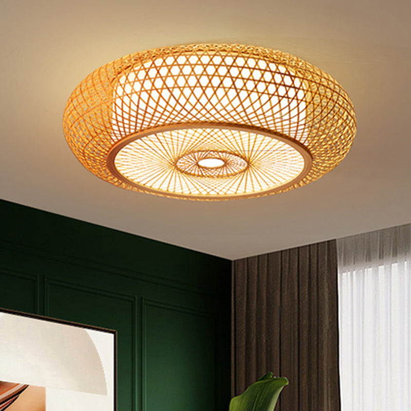 Criss-Cross Woven Bamboo Ceiling Lamp Asian 1-Bulb Wood Flush Mount Light Fixture for Bedroom Clearhalo 'Ceiling Lights' 'Close To Ceiling Lights' 'Close to ceiling' Lighting' 2467470