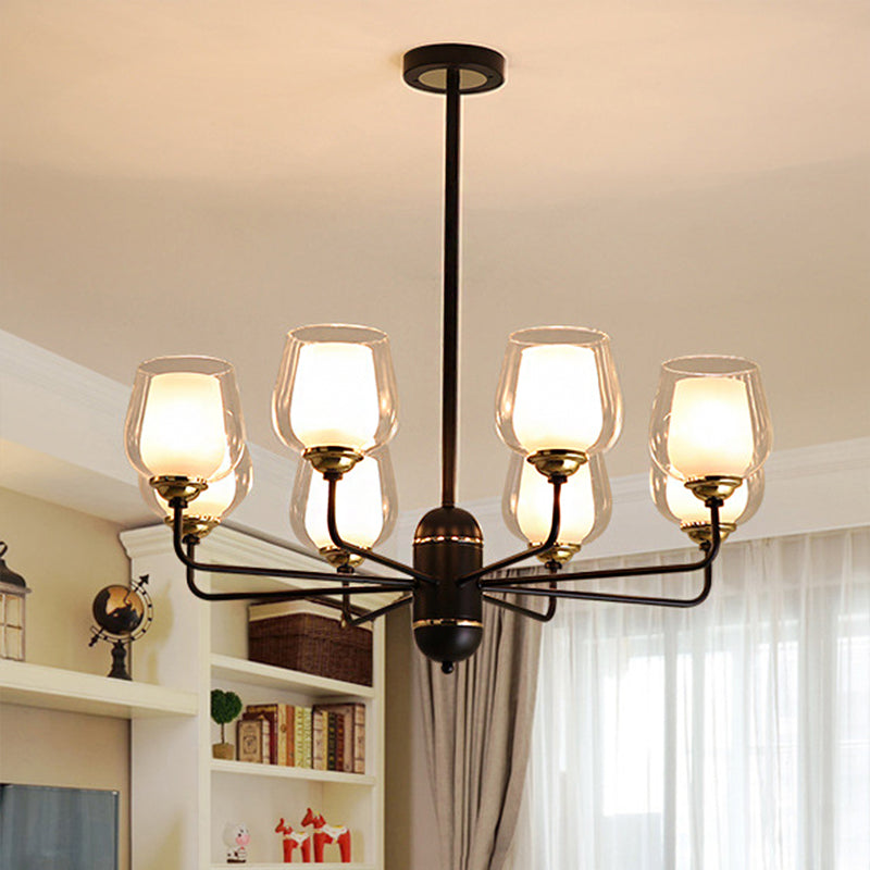3/6/8 Lights Clear Glass Hanging Chandelier Traditional Black Cup Shape Living Room Pendant Light Fixture Clearhalo 'Ceiling Lights' 'Chandeliers' 'Glass shade' 'Glass' Lighting' 246949