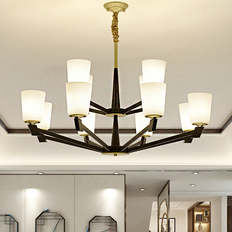 Cone Frosted Glass Light Chandelier Traditional 6/8/12 Lights Living Room Pendant Lighting in Black Clearhalo 'Ceiling Lights' 'Chandeliers' 'Glass shade' 'Glass' Lighting' 246967
