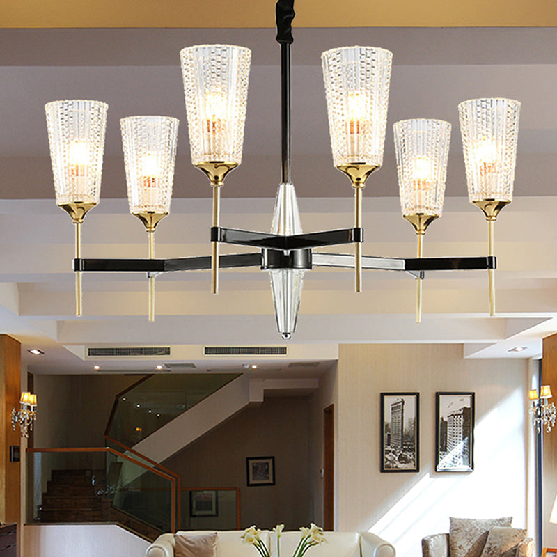 Clear 6/8 Lights Pendant Chandelier Traditional Textured Glass Cone Hanging Light for Living Room Clearhalo 'Ceiling Lights' 'Chandeliers' 'Glass shade' 'Glass' Lighting' 246991