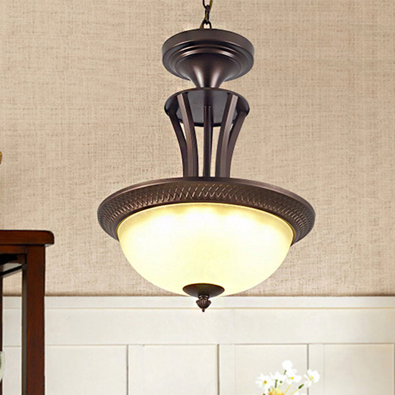 3 Light Chandelier Light with Bowl White Glass Shade Traditional Living Room Ceiling Lamp in Bronze Clearhalo 'Ceiling Lights' 'Chandeliers' Lighting' options 247044