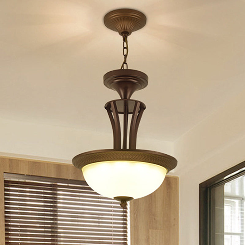 3 Light Chandelier Light with Bowl White Glass Shade Traditional Living Room Ceiling Lamp in Bronze Clearhalo 'Ceiling Lights' 'Chandeliers' Lighting' options 247045