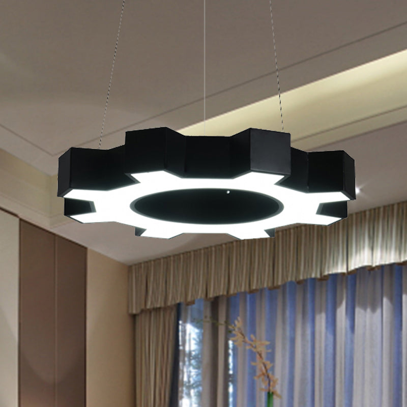 23.5"/31.5" Wide Gear Shape Pendant Lamp Contemporary Metal Led White/Black Hanging Ceiling Light for Gym in White/Warm Light Clearhalo 'Ceiling Lights' 'Modern Pendants' 'Modern' 'Pendant Lights' 'Pendants' Lighting' 247059
