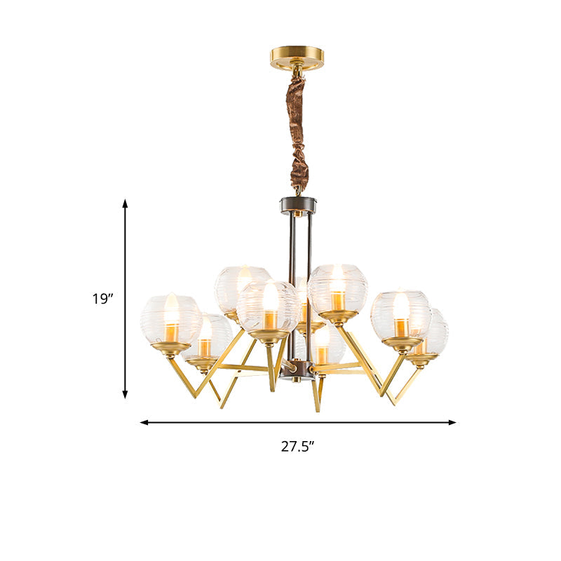 Gold 9/12 Lights Pendant Chandelier Traditional Clear Ribbed Glass Globe Hanging Light for Living Room Clearhalo 'Ceiling Lights' 'Chandeliers' Lighting' options 247186