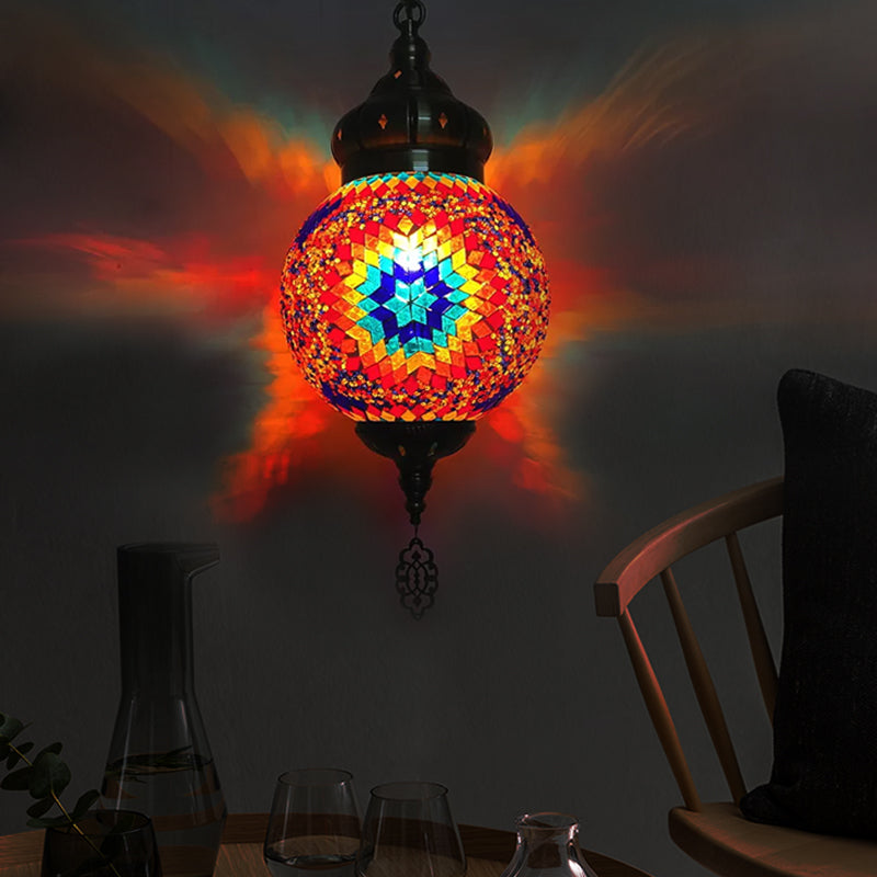 1/4 Bulbs Sphere Ceiling Light Tradition Red/Blue/Gold Glass Suspended Lighting Fixture for Restaurant Clearhalo 'Ceiling Lights' 'Glass shade' 'Glass' 'Pendant Lights' 'Pendants' Lighting' 247297