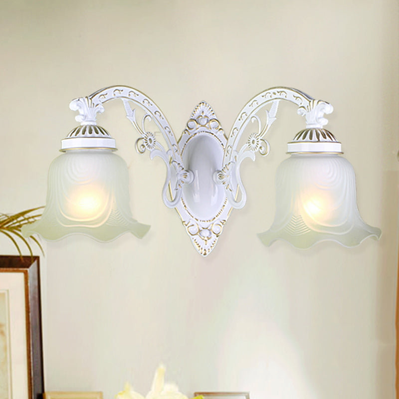 Black/White Scalloped Sconce Light Retro Frosted Glass Shade 1/2-Light Dining Room Wall Lamp with Curved Arm Clearhalo 'Wall Lamps & Sconces' 'Wall Lights' Lighting' 247399