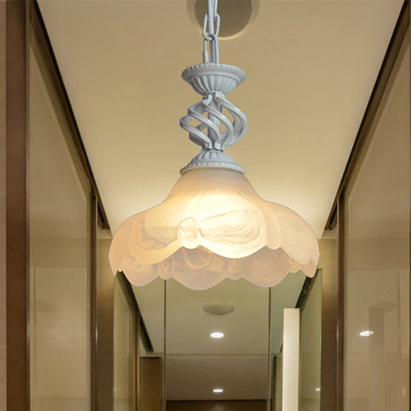 Traditional Scalloped Hanging Ceiling Light 1 Light Frosted Glass Pendant Lighting in Black/White for Corridor White Clearhalo 'Ceiling Lights' 'Glass shade' 'Glass' 'Pendant Lights' 'Pendants' Lighting' 247415