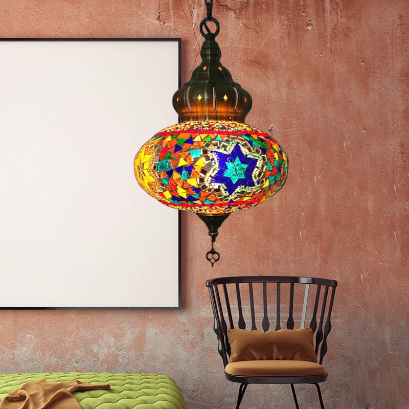 1/4 Bulbs Coffee House Pendant Lamp Retro Ceiling Light Fixture with Spherical Colorful Glass Shade Clearhalo 'Ceiling Lights' 'Glass shade' 'Glass' 'Pendant Lights' 'Pendants' Lighting' 247455