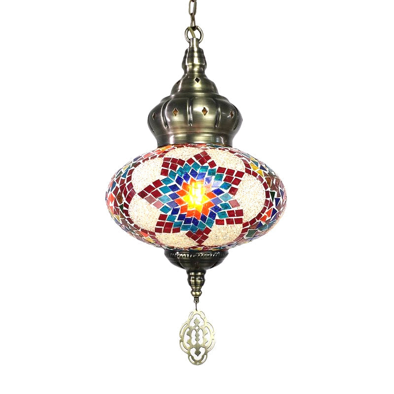 Vintage Lantern Suspension Pendant Red/Blue/Rose Red Glass 1/3 Heads Hanging Light Fixture with Carved Metal Drop Clearhalo 'Ceiling Lights' 'Glass shade' 'Glass' 'Pendant Lights' 'Pendants' Lighting' 247499