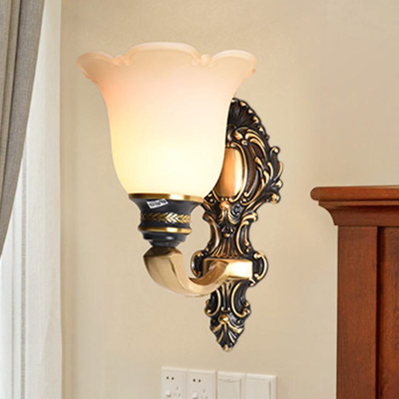 Floral Bedroom Wall Sconce Light Traditional White Glass 1/2-Light Brass Wall Lamp with Metal Curvy Arm Clearhalo 'Wall Lamps & Sconces' 'Wall Lights' Lighting' 247521