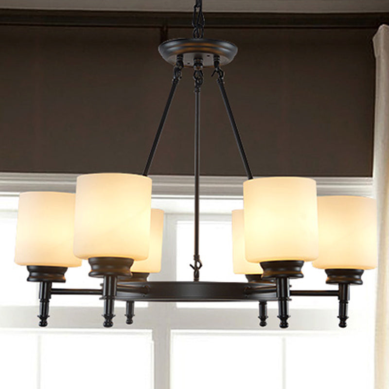 3/6 Lights Frosted Glass Chandelier Traditional Black Wheel Dining Room Hanging Ceiling Fixture with Cylinder Shade Clearhalo 'Ceiling Lights' 'Chandeliers' Lighting' options 247525