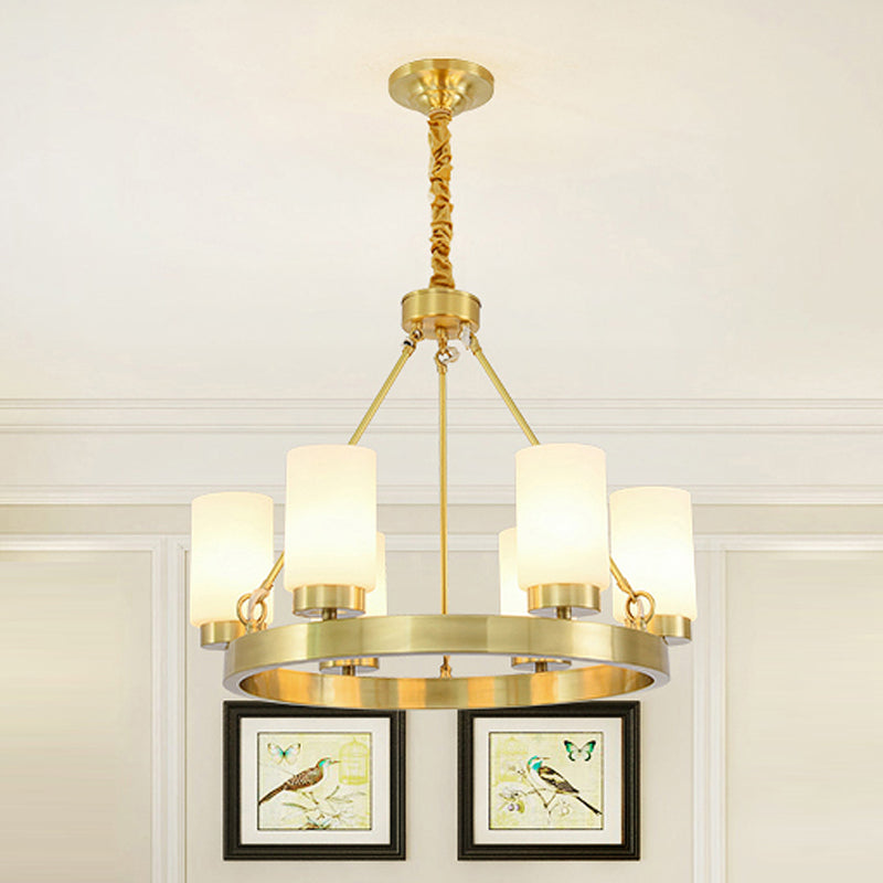 Wagon Wheel Frosted Glass Chandelier Light Classic 4/6 Lights Bedroom Pendant Lighting in Gold with Cylinder Shade Clearhalo 'Ceiling Lights' 'Chandeliers' Lighting' options 247622