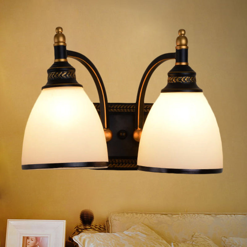 Metal Dome Wall Light Sconce Vintage Style 1/2-Head Living Room Wall Lamp with White Glass in Black 2.0 Black Clearhalo 'Wall Lamps & Sconces' 'Wall Lights' Lighting' 247655