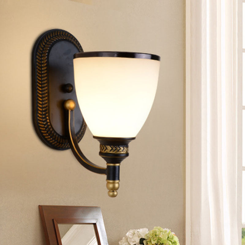 Metal Dome Wall Light Sconce Vintage Style 1/2-Head Living Room Wall Lamp with White Glass in Black 1.0 Black Clearhalo 'Wall Lamps & Sconces' 'Wall Lights' Lighting' 247657