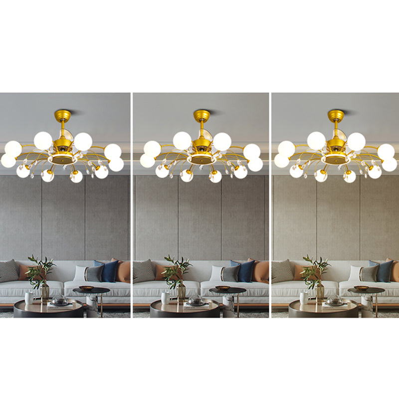 3 Blades Ball Living Room Pendant Fan Light White Glass Postmodern Remote Control Semi Flush Light with K9 Crystals Clearhalo 'Ceiling Fans with Lights' 'Ceiling Fans' 'Modern Ceiling Fans' 'Modern' Lighting' 2477444