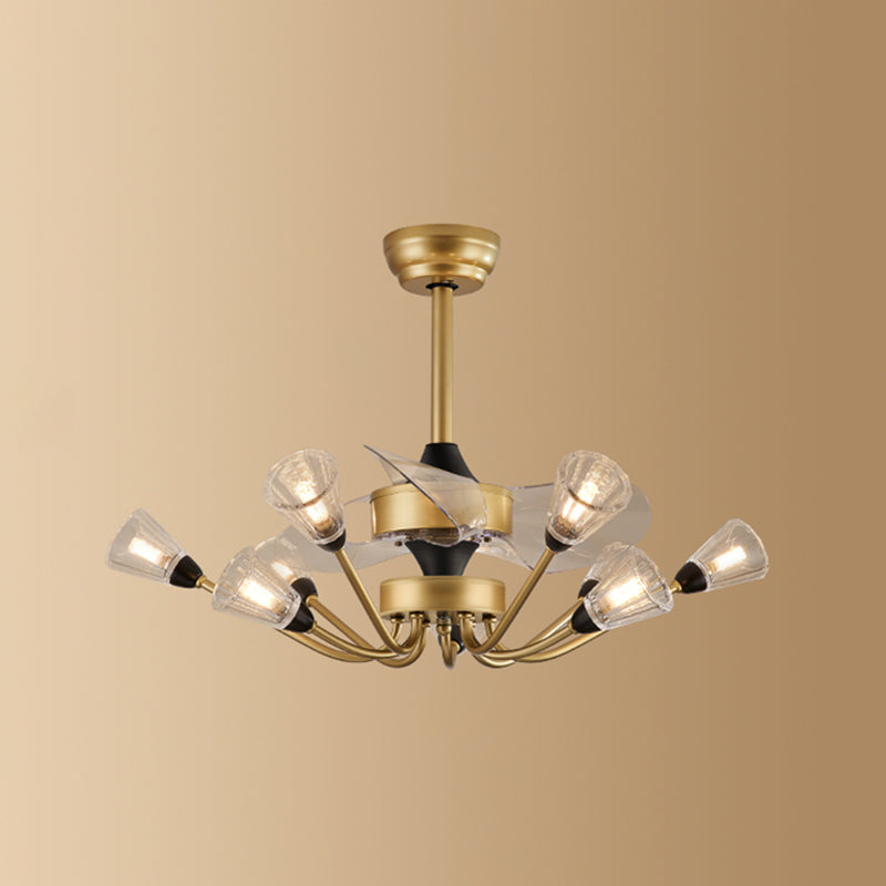 Prismatic Crystal Cone Semi Flush Mount Chandelier Postmodern Brass 3-Blade Hanging Fan Light with Remote 9.0 Brass Remote Clearhalo 'Ceiling Fans with Lights' 'Ceiling Fans' 'Modern Ceiling Fans' 'Modern' Lighting' 2477457
