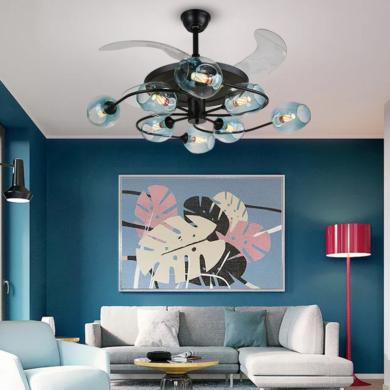 42" W 4-Blade Retro Ceiling Fan Lighting Floral Swirl Remote Control Semi-Flush Light with Cup Glass Shade Clearhalo 'Ceiling Fans with Lights' 'Ceiling Fans' 'Modern Ceiling Fans' 'Modern' Lighting' 2477468