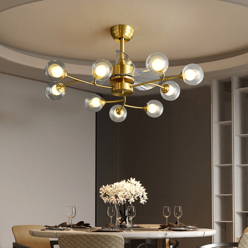 39.5" Wide Dual Glass Ball Fan Light Fixture Simplicity Brass Remote Control Semi Flush Mount Light, 3-Blade 9.0 Brass Remote Clearhalo 'Ceiling Fans with Lights' 'Ceiling Fans' 'Modern Ceiling Fans' 'Modern' Lighting' 2477483