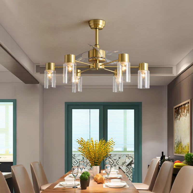 Tubular Clear Glass Hanging Fan Light Minimalistic 3 Blades Brass Semi Flush Mount with Remote, 35.5