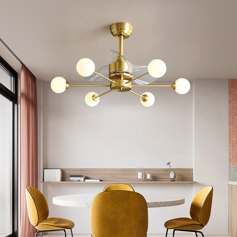 34" W Opaline Glass Ball Semi Flush Mount Lighting Postmodern Brass Remote Control Ceiling Fan Light with 3 Blades Clearhalo 'Ceiling Fans with Lights' 'Ceiling Fans' 'Modern Ceiling Fans' 'Modern' Lighting' 2477496