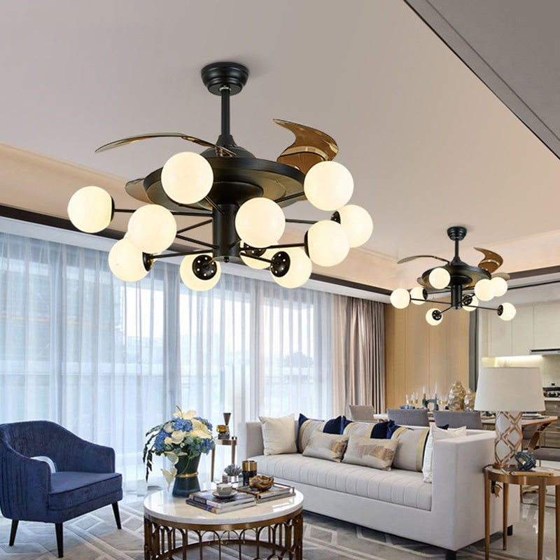 4-Blade Sputnik Ceiling Fan Lamp Modern Opal Glass Living Room Semi Flush Light in Black with Remote Clearhalo 'Ceiling Fans with Lights' 'Ceiling Fans' 'Modern Ceiling Fans' 'Modern' Lighting' 2477519