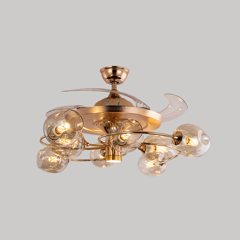 3 Blades Dimpled Glass Cup Pendant Fan Light Vintage 8-Bulb Remote Semi-Flush Ceiling Light Brown Remote Clearhalo 'Ceiling Fans with Lights' 'Ceiling Fans' 'Modern Ceiling Fans' 'Modern' Lighting' 2477525